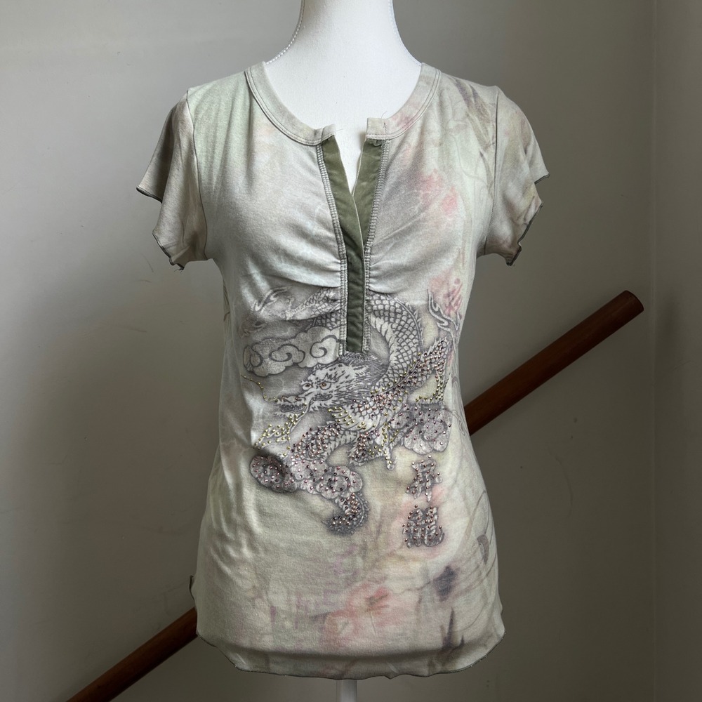 Vintage Y2K Dragon Graphic Henley Top Size Small Green Tattoo Rhinestone Studded